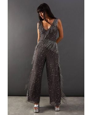 Warehouse Hand Embellished Sequin Plunge Neck Fringe Jumpsuit - Black