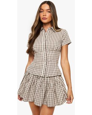 Boohoo Flannel Print Fitted Waist Shirt - White