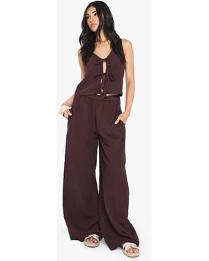 Boohoo Cheesecloth Elasticated Waist Wide Leg Pants - Purple