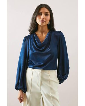 Wallis Viscose Satin Cowl Blouse - Blue