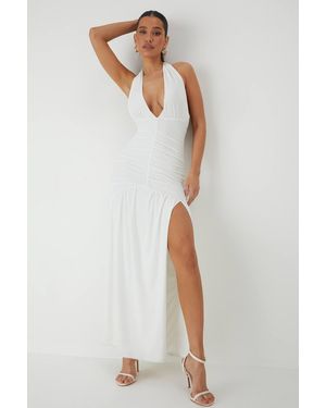 MissPap Halter Neck Plunge Ruched High Split Maxi Dress - White