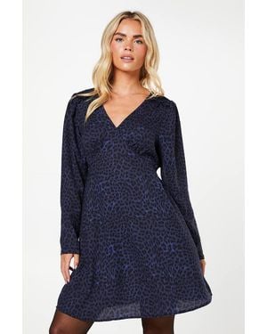Dorothy Perkins Petite Animal Shirred Shoulder Empire Long Sleeve Mini Dress - Blue