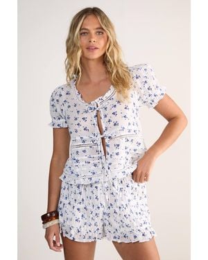 Nasty Gal Cotton Voile Ditsy Lace Pleated Trim Tie Front Top - White