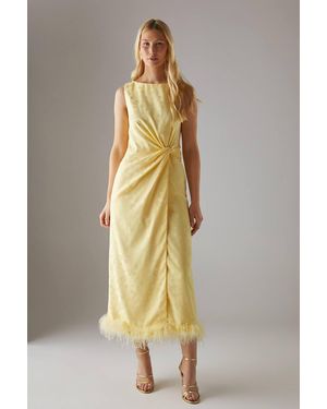 Warehouse Satin Jacquard Feather Twist Front Cowl Back Midi Dress - Metallic