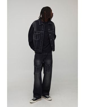 Boohoo Relaxed Fit Contrast Stitch Washed Black Jeans - Negro