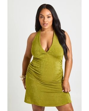 Boohoo Plus Textured Slinky Drop Hem Mini Dress - Green