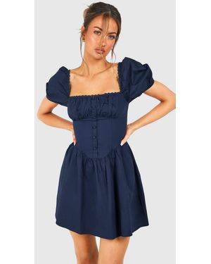 Boohoo Puff Sleeve Cotton Rouched Milkmaid Mini Dress - Blue
