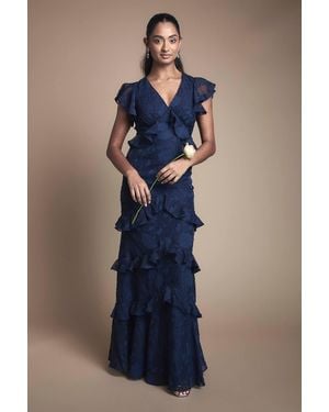 Oasis Floral Detail Fabric Tiered Skirt Bridesmaid Dress - Blue