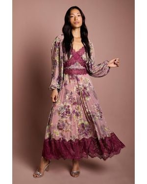 Coast Long Sleeve Pleated Lace Trim Midaxi Dress - Brown