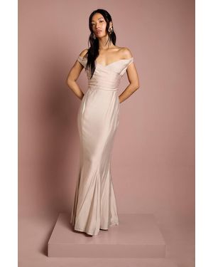 Coast Bardot Gathered Satin Fishtail Bridesmaid Dress - Pink