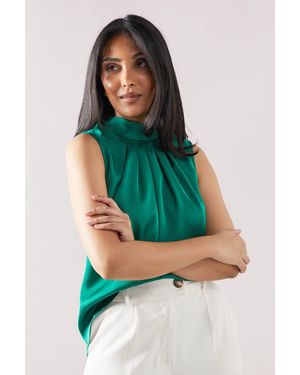 Wallis Satin Sleeveless Tie Neck Top - Green
