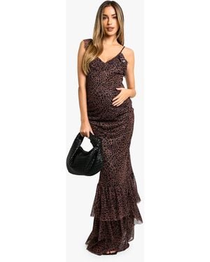 Boohoo Maternity Leopard Print Mesh Ruffle Hem Detail Strappy Maxi Dress - Brown