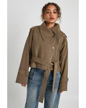 Boohoo Asymmetric Belted Cropped Trench Jacket - Brown