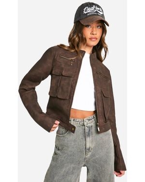 Boohoo Tall Cropped Pocket Detail Faux Leather Biker Jacket - Gray