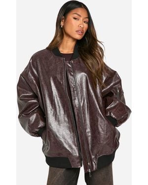 Boohoo Cracked Faux Leather Oversized Bomber Jacket - Brown