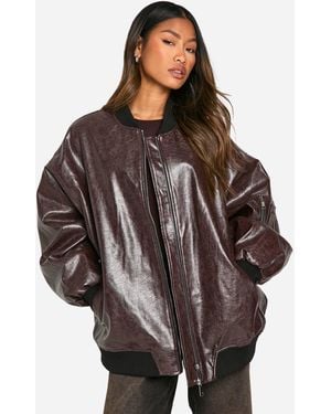 Boohoo Cracked Faux Leather Oversized Bomber Jacket - Brown