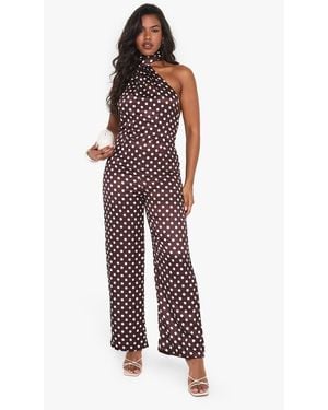 Boohoo Polka Dot Satin Scarf Detail Jumpsuit - Red