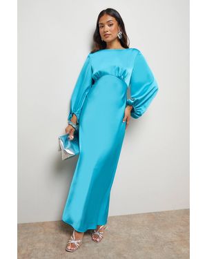 Oasis Petite Satin Boho Sleeve Crew Neck Bias Midi Dress - Blue