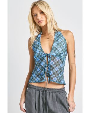 Boohoo Printed Mesh Halterneck Tie Front Top - Azul