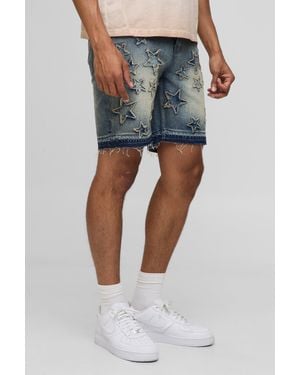 Boohoo Slim Fit Star Applique Let Down Hem Denim Shorts - Blue