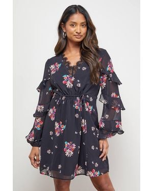 Oasis Printed Lace Detail Frill Sleeve Mini Dress - Blue