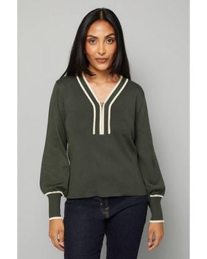Wallis Petite Zip Front Tipped Knitted Top - Green