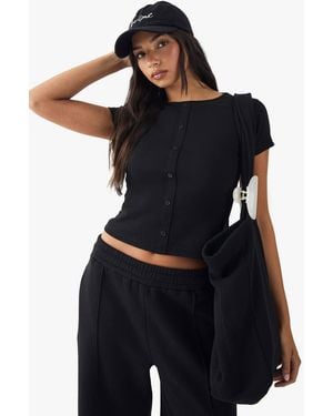 DSGN Studio Square Script Embroidered Rib Fitted Button Through Top - Black