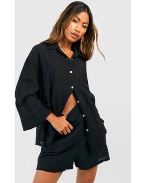 Boohoo Textured Lightweight Cotton Oversized Shirt - Black
