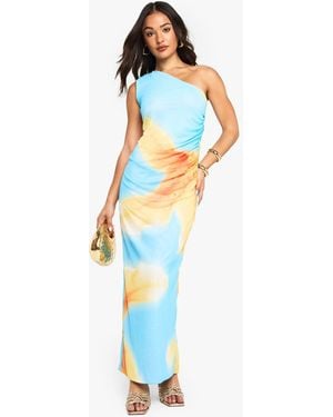 Boohoo Petite One Shoulder Floral Print Mesh Dress - Blue
