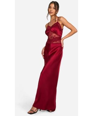 Boohoo Lace Detail Satin Maxi Dress - Red