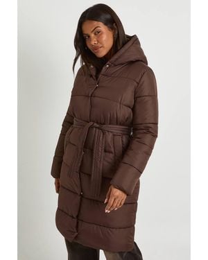 Boohoo Belted Longline Puffer Jacket - Brown
