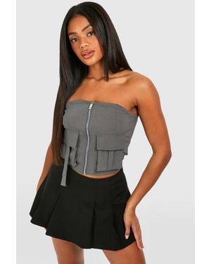 Boohoo Bengaline Utility Pocket Zip Through Corset - Gray
