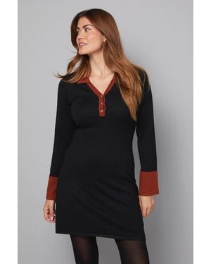 Wallis Polo Button Through Knitted Dress - Black
