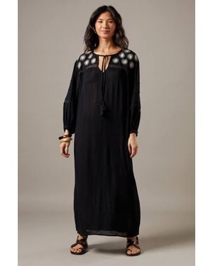 Warehouse Cheesecloth Embroidered Trim Insert Midi Smock Dress - Black