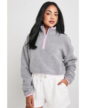 Boohoo Contrast Half Zip Funnel Neck Cropped Borg Sweatshirt - Grey