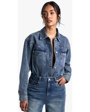 Boohoo Studded Western Denim Shirt - Blue