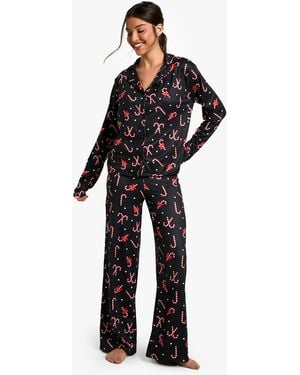 Boohoo Conjunto Navideño De Pantalón Largo Y Pantalón De Manga Larga Con Estampado De Bastones De Caramelo - Azul