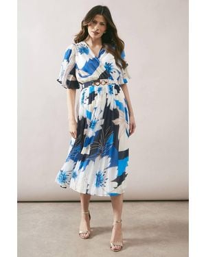 Wallis Floral Pleated Buckle Chiffon Midi Dress - Blue