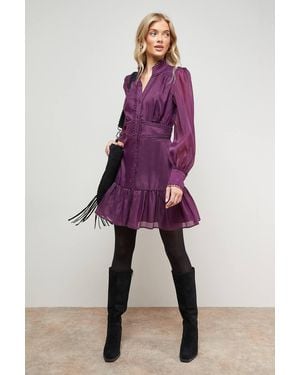 Oasis Plain Lace Trim Boho Shirt Mini Dress - Purple