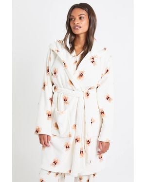 Boohoo Matching Family Bear Print Fleece Hooded Short Bathrobe/Robe - White