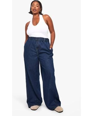 Boohoo Plus Buckle Belt Elasticated Back Wide Leg Denim Jean - Blue