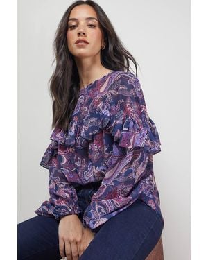 Oasis Printed Ruffle Yoke Balloon Sleeve Boho Blouse - Purple