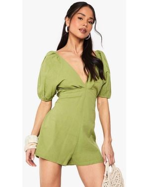 Boohoo Linen Tie Back Puff Sleeve Romper - Green