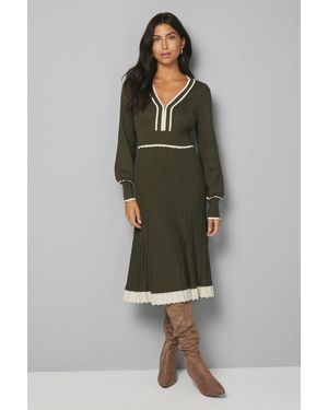 Wallis Zip Front Pleated Knitted Midi Dress - Green