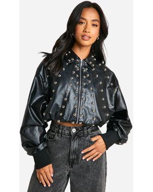 Boohoo Petite Studded Faux Leather Bomber Jacket - Black