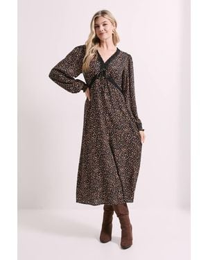 Dorothy Perkins Animal Lace Trim Bow Detail Long Sleeve Midi Dress - Black