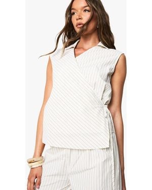 Boohoo Stripe Collared Wrap Shirt - White