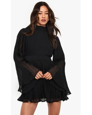 Boohoo Tall Pleated Chiffon High Neck Flare Sleeve Mini Dress - Black