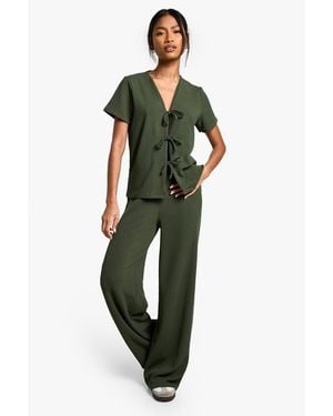 Boohoo Rib Tie Front Short Sleeve Top And Trouser Co-Ord - Green