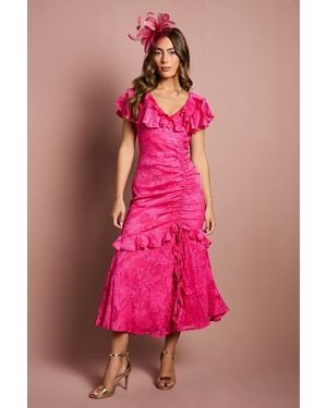 Coast Frill V Neck Jacquard Midaxi Wedding Guest Dress - Pink